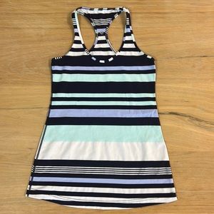 Lululemon Cool Racerback tank. Size 8. Navy, aqua, white, light purple stripe